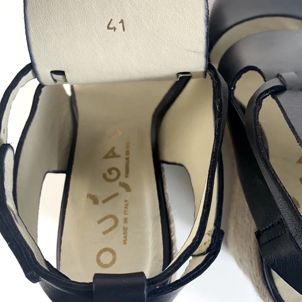 Ouigal Anthropologie Leather Woven Straw Platform Wedge Sandals